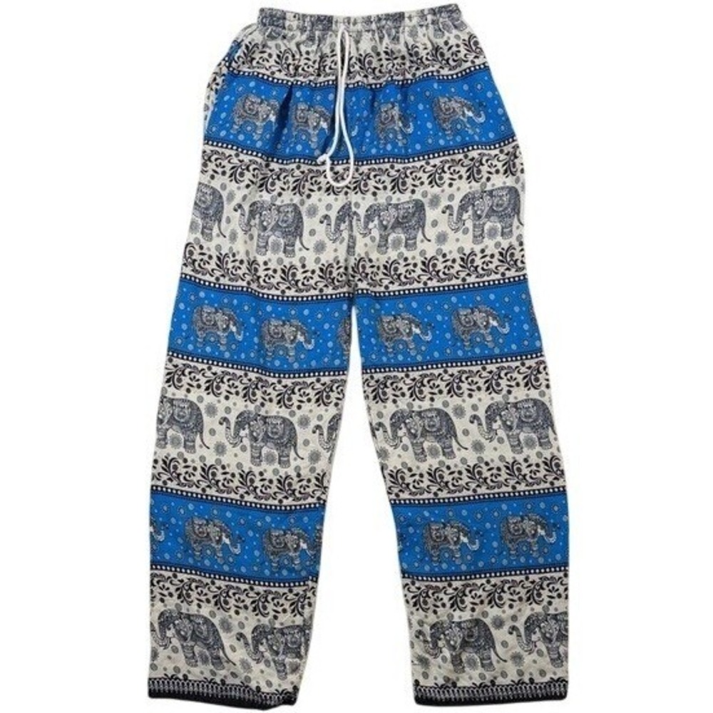Unbranded Blue White Elephant Print Boho Wide Leg Drawstring Lounge Pants Women‎